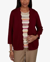 Alfred Dunner Petite Union Square Scalloped Cardi Two One Striped Sweater