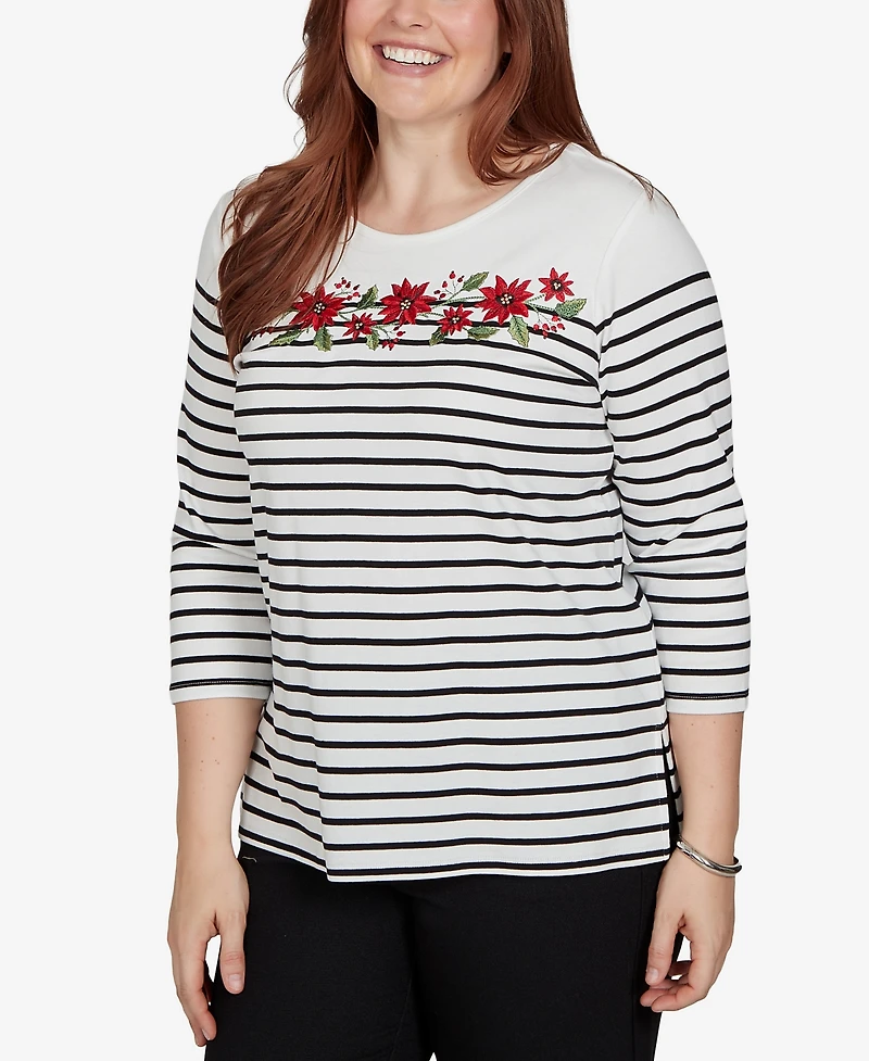 Alfred Dunner Petite Classic Poinsettia Stripe Knit Top