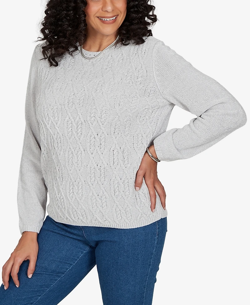 Alfred Dunner Petite Classic Cable Pullover Chenille Sweater