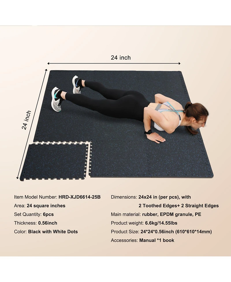 Sevorley Interlocking Gym Floor Tiles, 6-Piece Rubber-Top Puzzle Mats, 24 Sq Ft