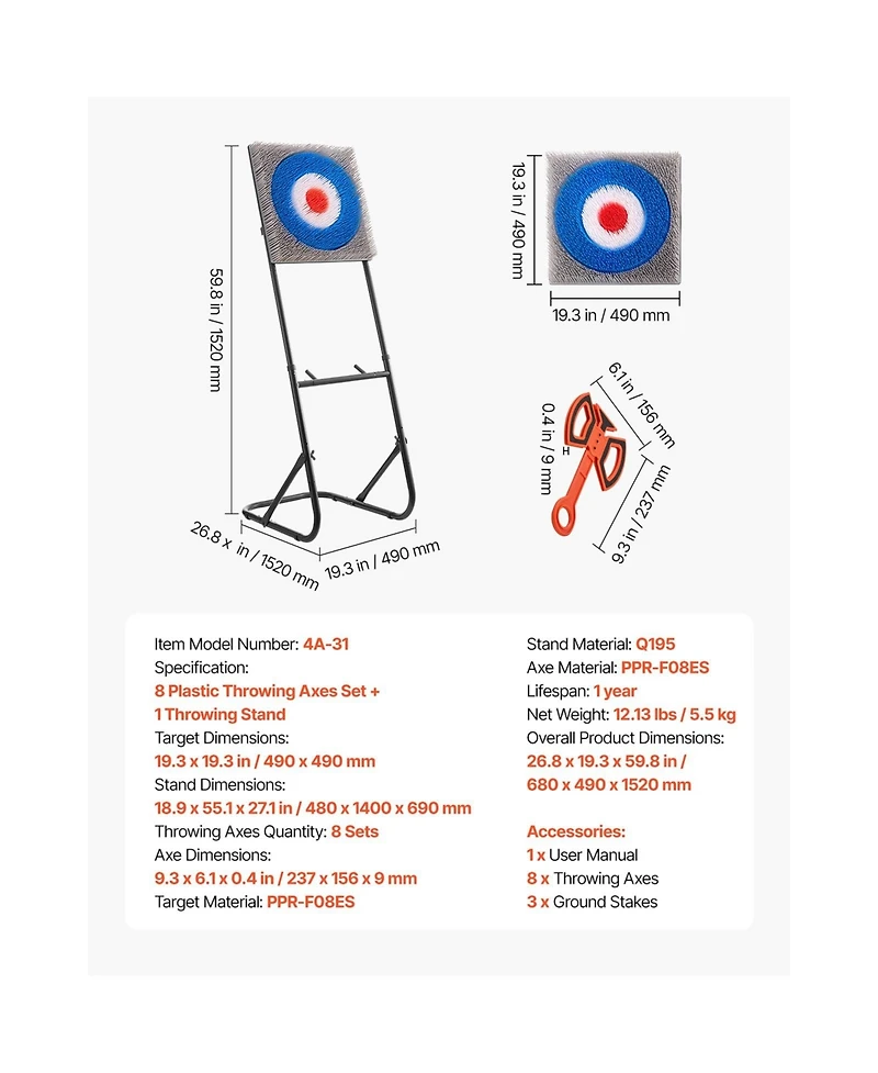 Sevorley Axe Throwing Game Set, Bristle Target with 8 Axes and Foldable Steel Stand