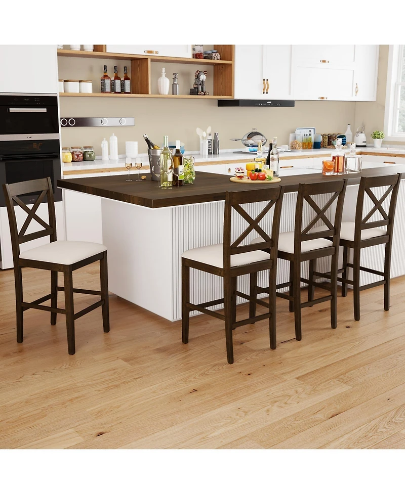 Costway Rubber Wood X-Back Bar Stools with Upholstered Cushioned Seats and Footrests