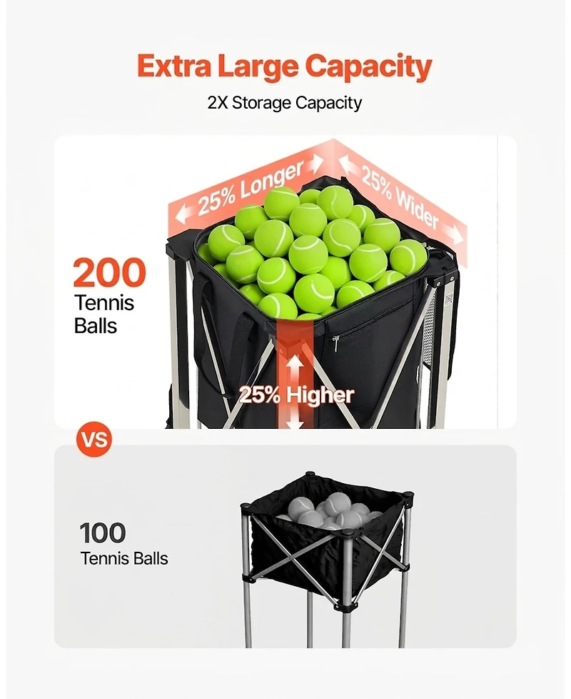 Sevorley Foldable Tennis Ball Hopper Cart with Wheels, Holds 200 Balls