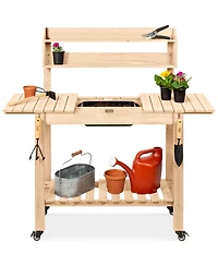 Best Choice Products Wood Garden Potting Bench Workstation Table w/ Sliding Tabletop, 4 Locking Wheels, Dry Sink