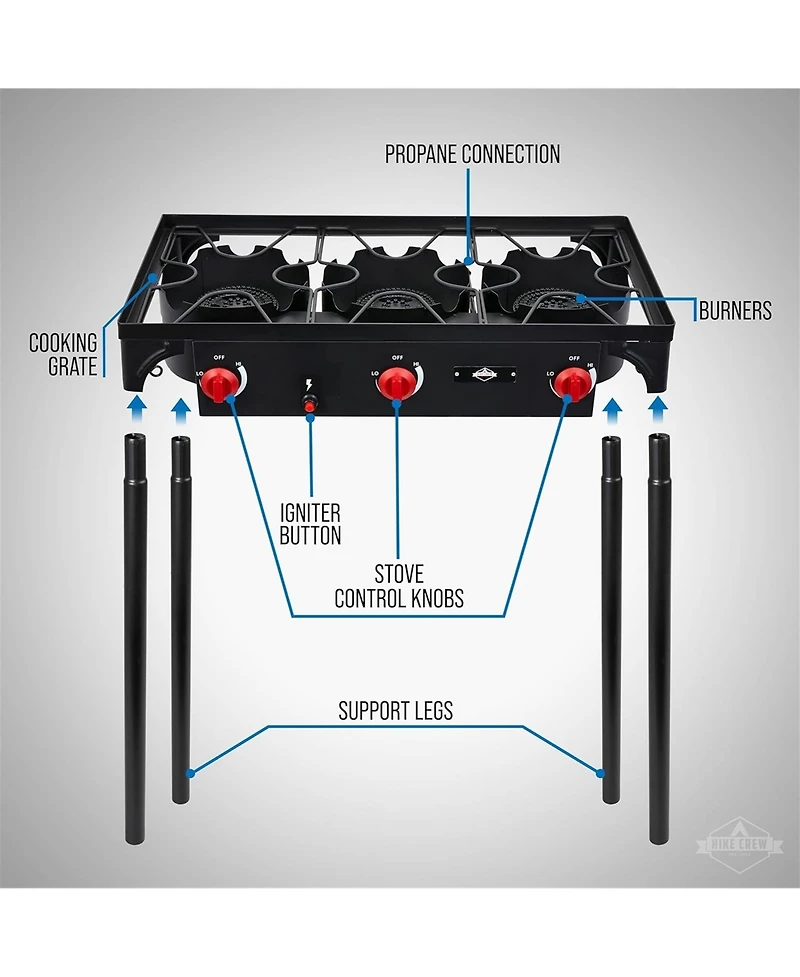 Hike Crew 3-Burner 225,000 Btu Gas Camping Stove, Portable Stove with Auto Ignition