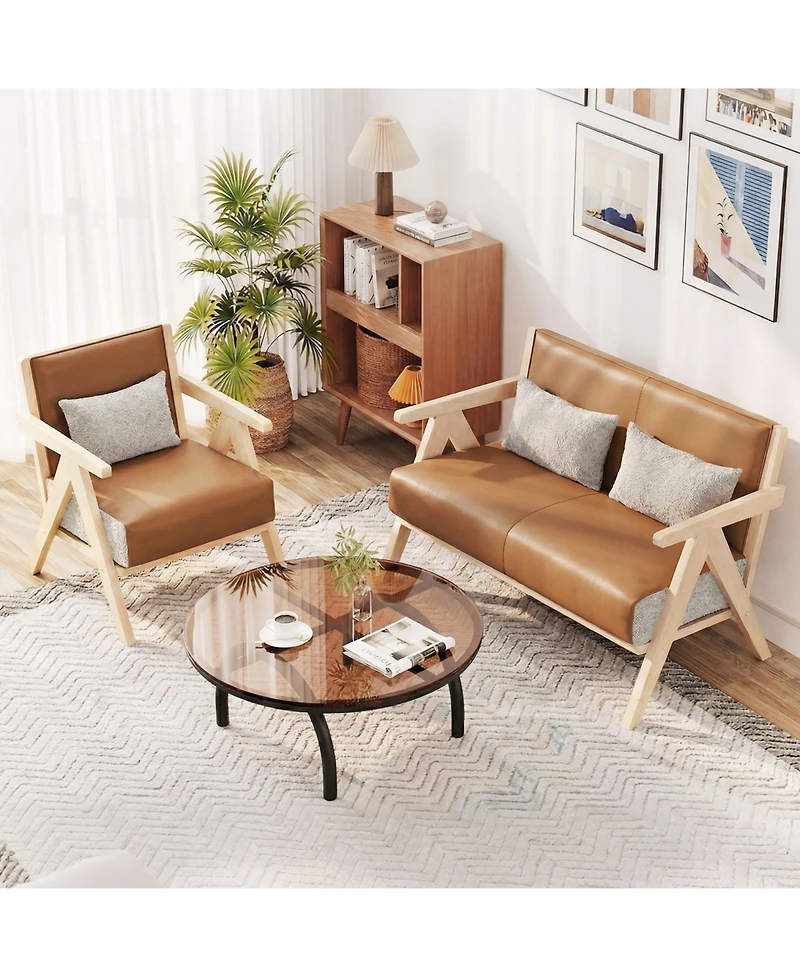 Costway 3 Piece Living Room Furniture Set with Rubber Wood Frame, Padded Seat