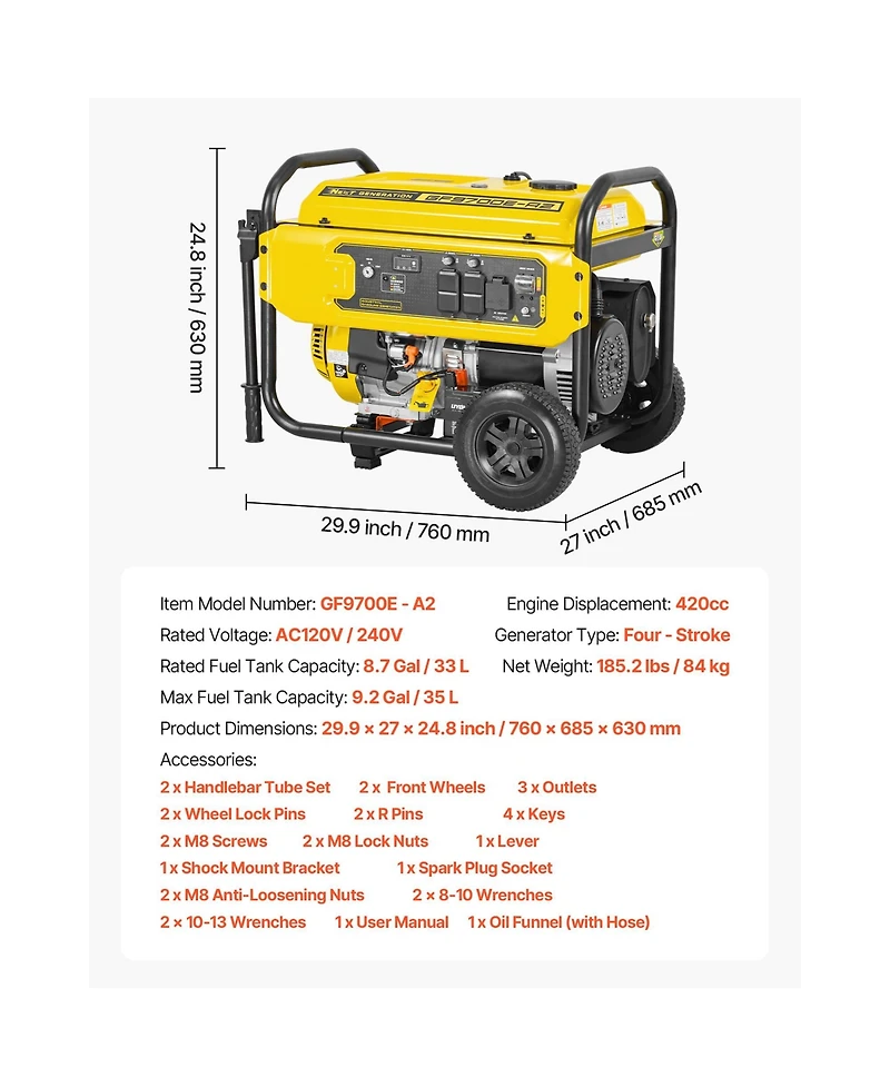Sevorley 9625W Peak Portable Gas Generator with Electric Start and Co Sensor