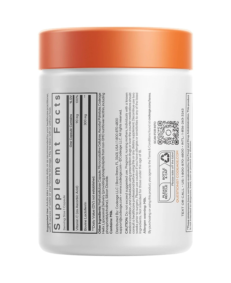 Codeage Liposomal Lactoferrin Plus, Bovine Lactoferrin, Vitamin C Acorbic Acid, Non-gmo, 60 Capsules