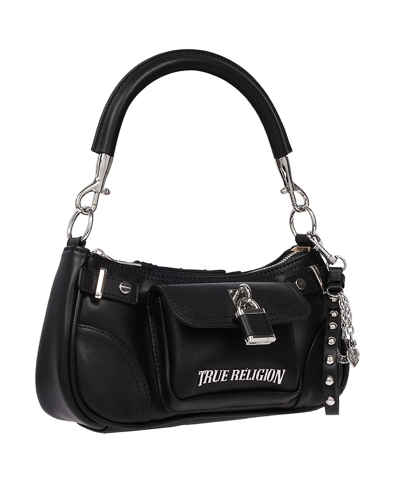 True Religion Women's Moto Shoulder Bag with Lock Pocket Charm – Convertible and Crossbody Purse