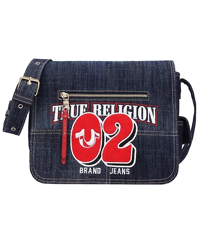 True Religion Women's Varsity Logo Zip Pocket Denim Messenger Bag – Dark Denim Crossbody Bag