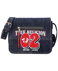 True Religion Women's Varsity Logo Zip Pocket Denim Messenger Bag – Dark Denim Crossbody Bag