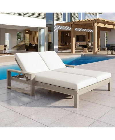 Asagikoiai Acacia Wood Patio Double Lounge Chair with Cushions, Adjustable Reclining Sunbed
