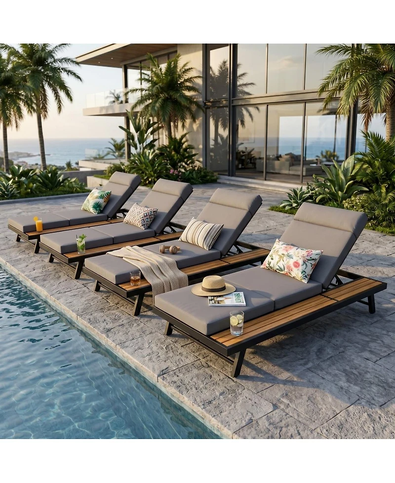 Asagikoiai Adjustable Acacia Wood Outdoor Chaise Lounge Chair with 4-Fold Cushion and Iron Frame