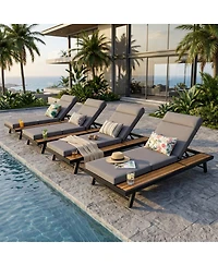 Asagikoiai Adjustable Acacia Wood Outdoor Chaise Lounge Chair with 4-Fold Cushion and Iron Frame