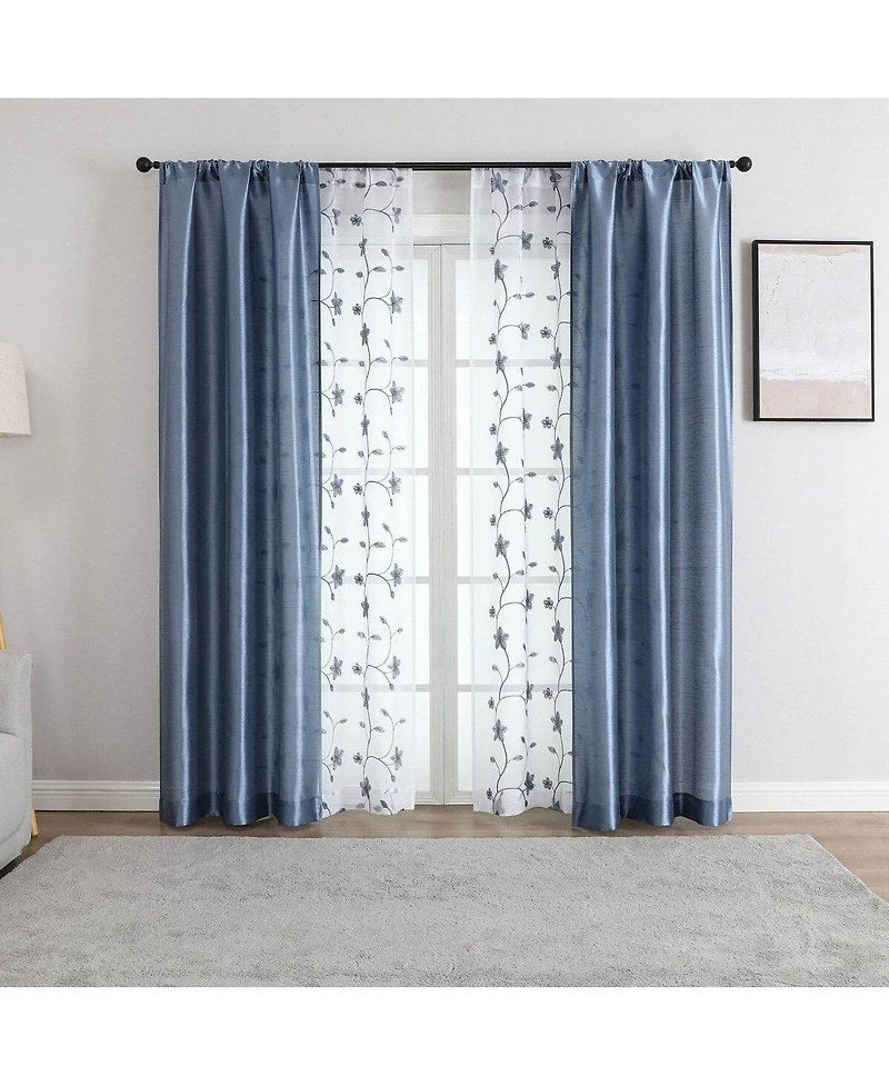 Kate Aurora Jasmine Embroidered 6 Piece Rod Pocket Coordinating Sheer Window Curtain Panels