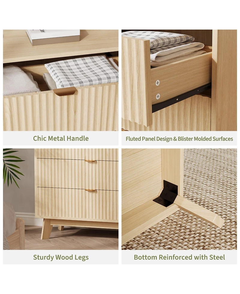 homfan 2 Set of Modern Closet Fluted Wood 4 Drawer Dressers for Bedroom Living Room Hallway Closet