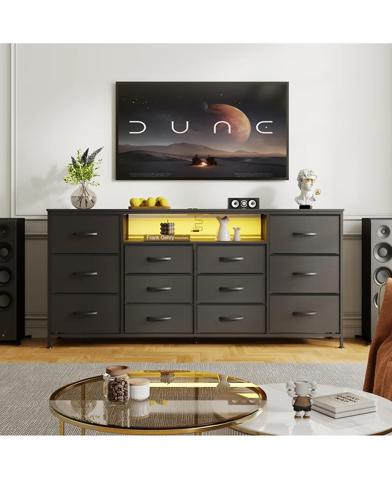 homfan Extra Long 63" Entertainment Center Tv Stand for 65-75 Inch TVs, 12 Drawer Fabric Dresser, Charging Station, Led Lights, Sturdy Metal Frame