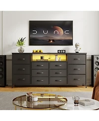 homfan Extra Long 63" Entertainment Center Tv Stand for 65-75 Inch TVs, 12 Drawer Fabric Dresser, Charging Station, Led Lights, Sturdy Metal Frame