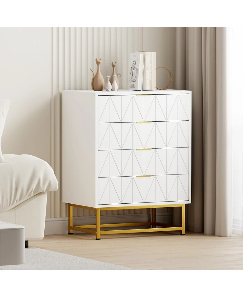 homfan Modern Wide Storage 4 Drawer Dresser Chest, Sturdy Wood Cabinet with Metal Legs, Bedroom and Living Room Furniture, Tall Organizer for Hallway