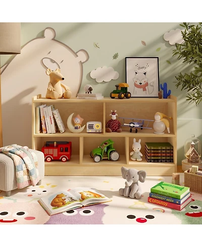 homfan Wooden Bookshelf, 5-Section 2-Tier Toy Storage Organizer, Open Shelving Kids Book Shelf for Playroom Nursery Classroom Kindergarten