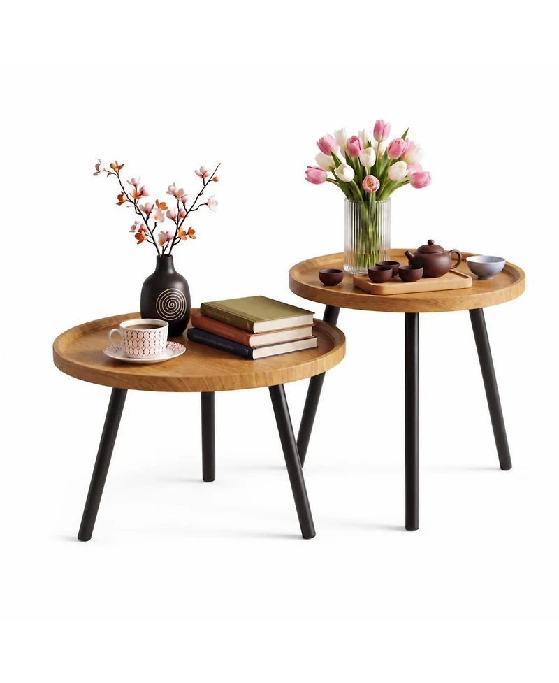 homfan Round Nesting Coffee Table Set of 2, Wood-Grain and Metal Accent Table, Warm Wood Finish