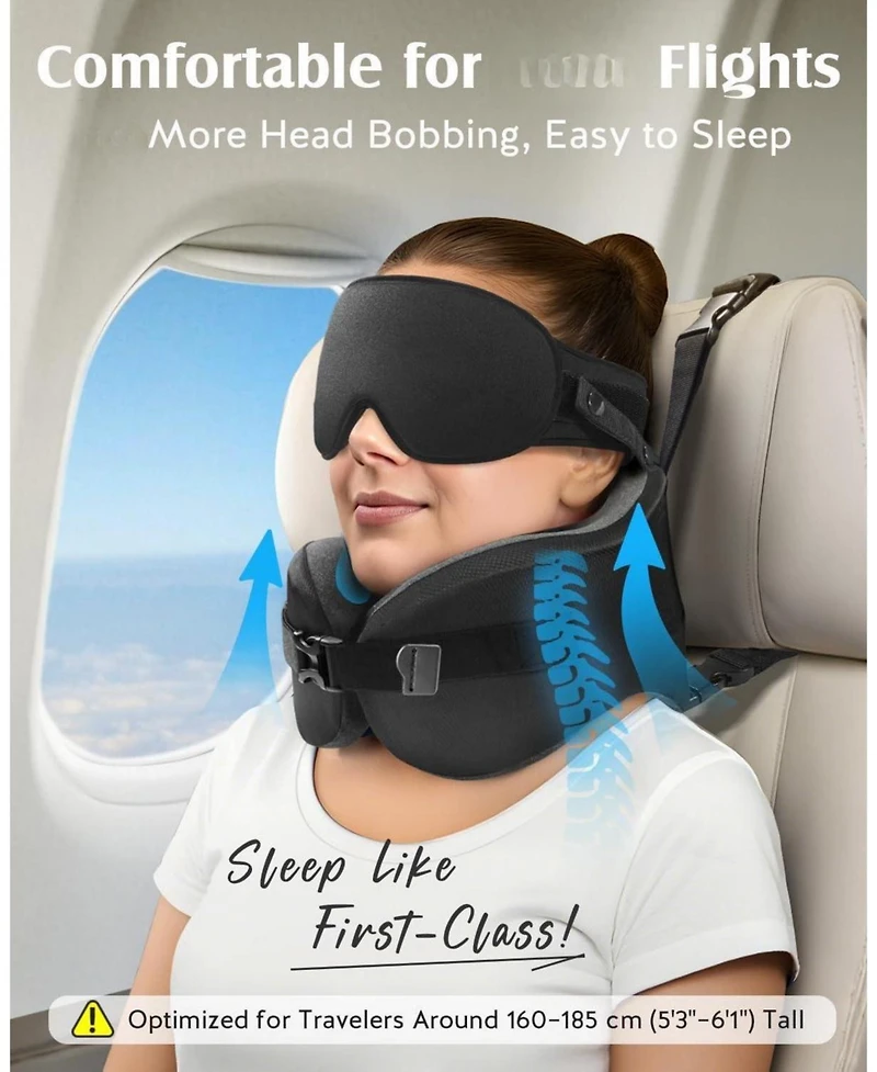 Piscifun 360 Memory Foam Travel Neck Pillow With 3D Contoured Eye Mask Adjustable Support For Long Flights