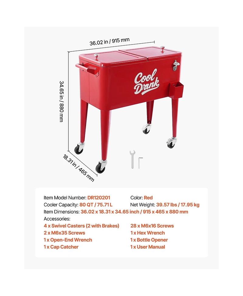 Sevorley Rolling Ice Chest Cart, 80 qt, Bottle Opener, Holds 110 Cans