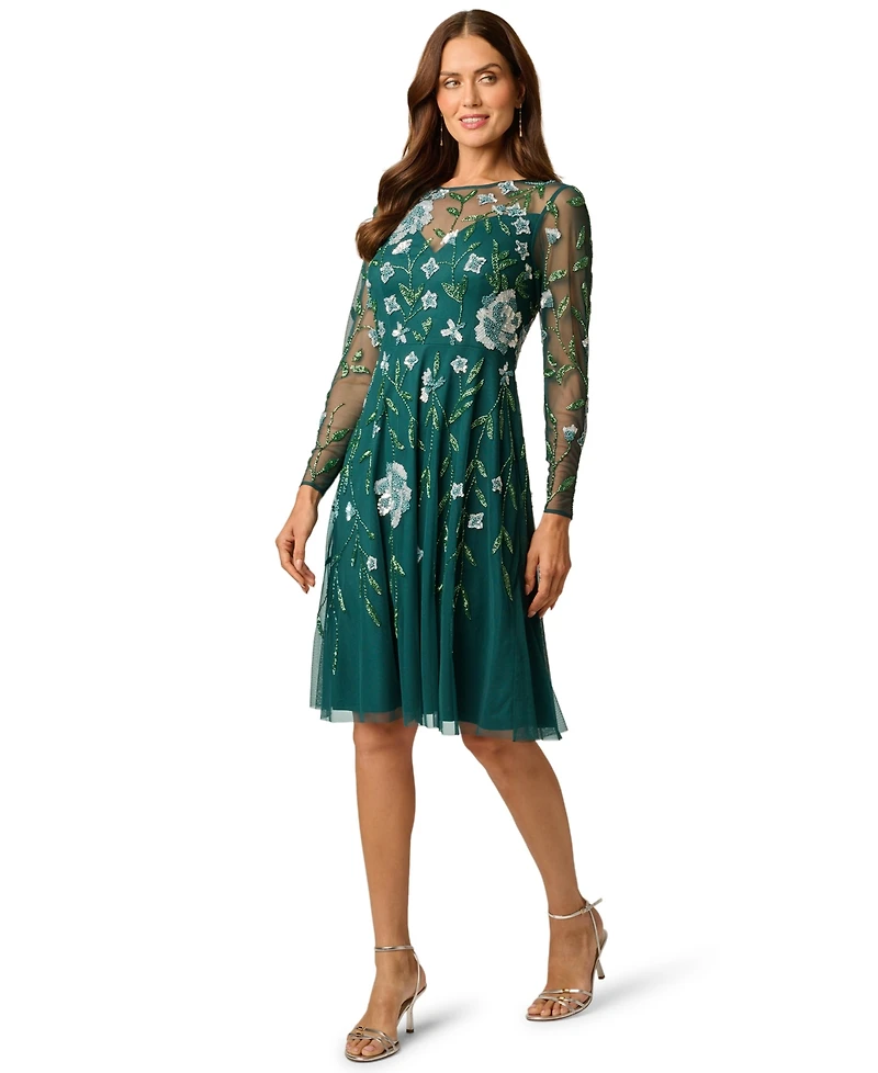 Adrianna Papell Women's Crewneck Beaded Mesh Mini Dress