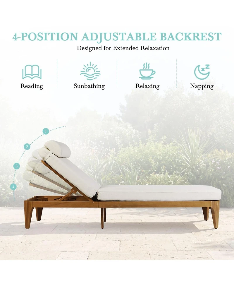 Asagikoiai Set of 2 Acacia Wood Outdoor Chaise Lounges, 4-Position Recliner with Cushions
