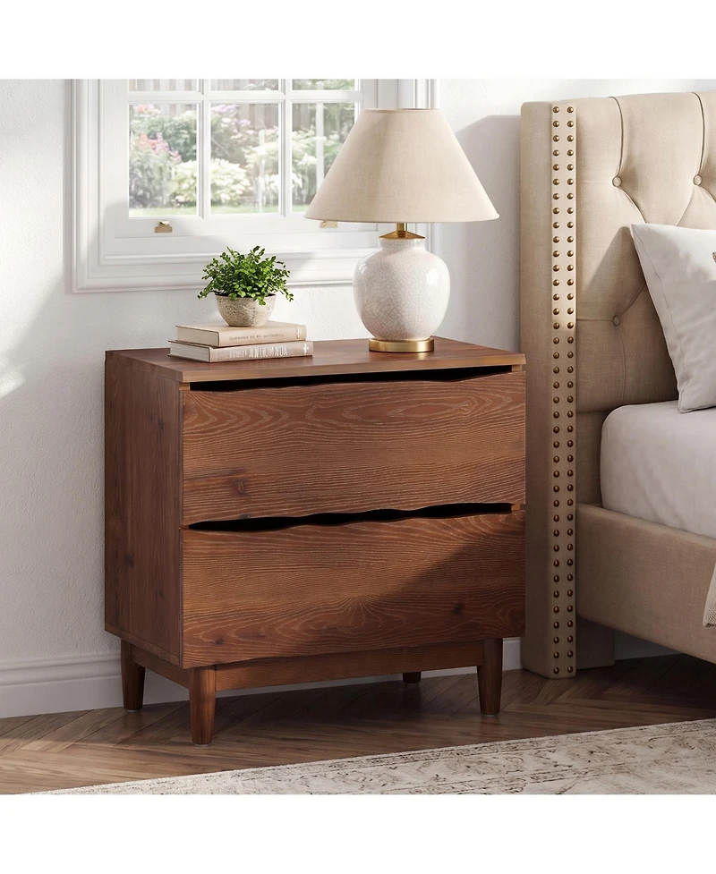 Tribesigns 2-Drawer Live-Edge Solid Wood Nightstand Set of 2, Mid-Century Modern Bedside Table with Storage, End Table