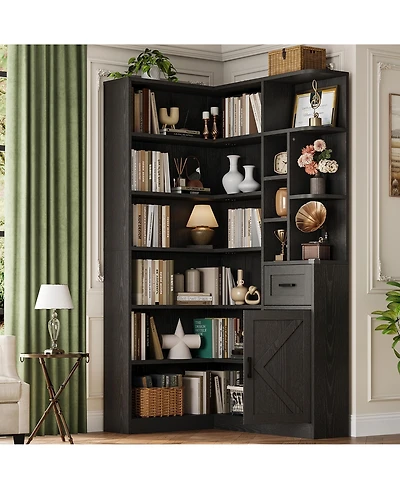 homfan 74'' Tall Corner Bookshelf, 6-Tier Book Shelf with Drawer and Cabinets, l-Shaped Bookcase Open Storage Shelves Modern Display for Home
