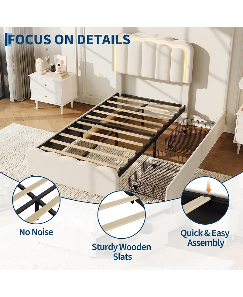 homfan Twin Size Upholstered Platform Bed Frame with Led Lights, Adjustable Headboard, 2 Storage Drawers, No Box Spring Needed, Easy Assembly