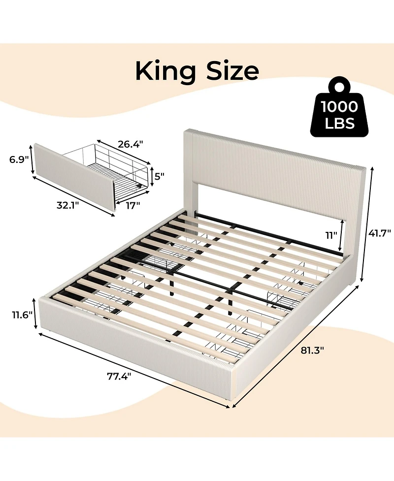 homfan Platform Bed Frame with 4 Storage Drawers, Corduroy Channel Tufted Headboard Bed Frame with Strong Wooden Slat Support, No Box Spring Needed