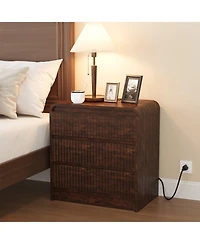 homfan Set of 2 Brown Fluted Nightstands with Charging Station and 3 Drawers