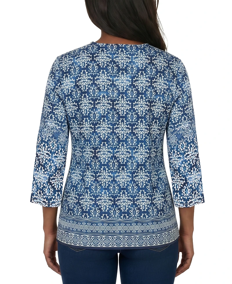 Alfred Dunner Women's Batik Tile Square Neck Top