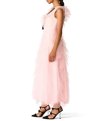 Betsey Johnson Juniors' Cascading Tulle Contrast Bow V-Neck Maxi Dress