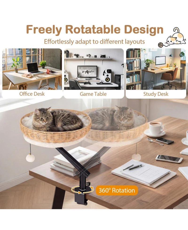 Hongge Clamp-On Cat Desk Bed with 360-Degree Rotating Bracket and Removable Cushion