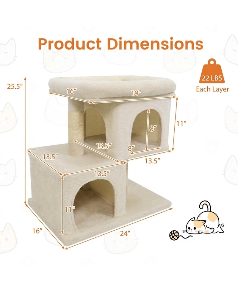 Hongge Space-Saving Modern Cat Tree with Upholstered Perch 2 Condos and Sisal Posts