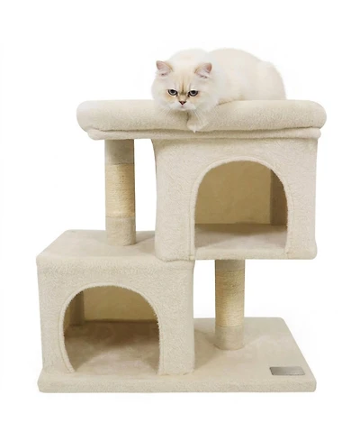 Hongge Space-Saving Modern Cat Tree with Upholstered Perch 2 Condos and Sisal Posts