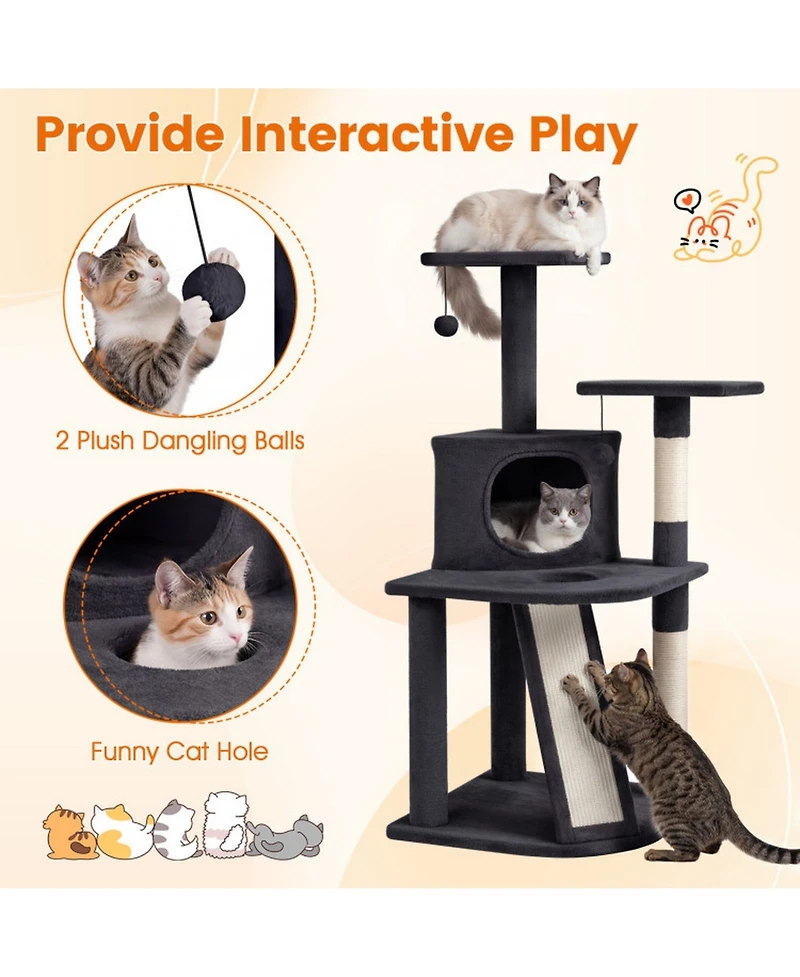 Hongge 44 Inch Kitten Tower with Central Condo 2 Plush Perches and Sisal Scratching Posts