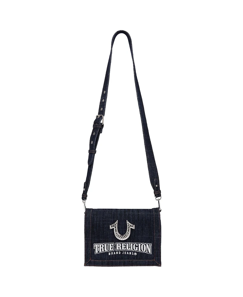 True Religion Bling Horseshoe Denim Messenger Bag with Adjustable Strap