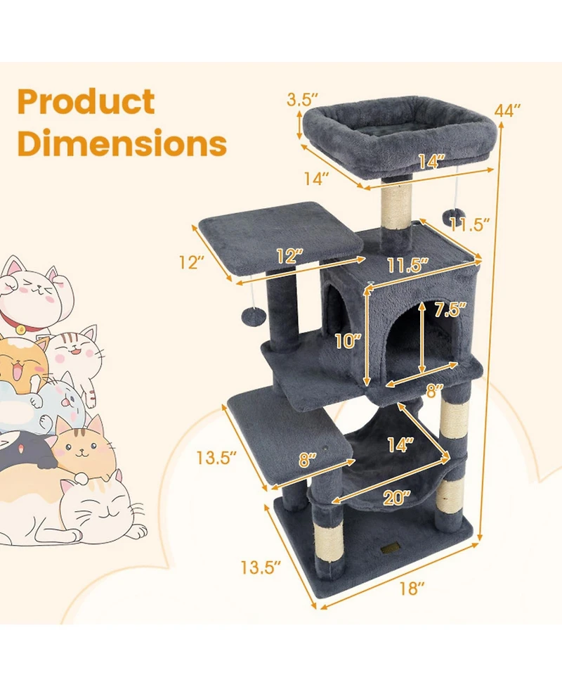 Hongge 44 Inch Multi-Level Cat Tower with 2-Door Condo Padded Perch Hammock and Sisal Posts