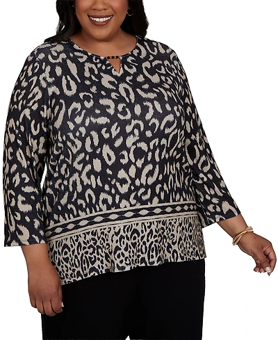 Alfred Dunner Plus Travel Advisory Animal Print Split Neck Knit Top