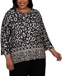 Alfred Dunner Plus Travel Advisory Animal Print Split Neck Knit Top