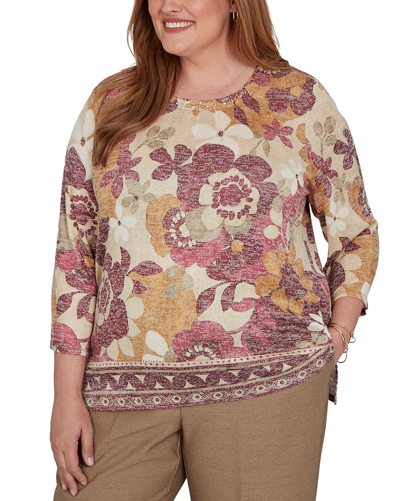 Alfred Dunner Plus Union Square Exploded Floral Geo Border Top