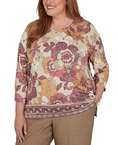 Alfred Dunner Plus Union Square Exploded Floral Geo Border Top