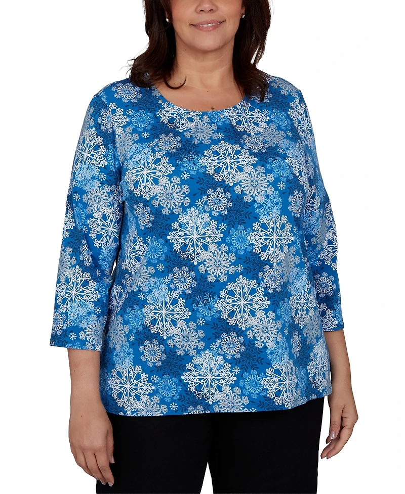 Alfred Dunner Plus Classic Blue Snowflake Print Knit Top