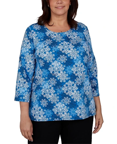 Alfred Dunner Plus Classic Blue Snowflake Print Knit Top
