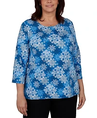 Alfred Dunner Plus Classic Blue Snowflake Print Knit Top
