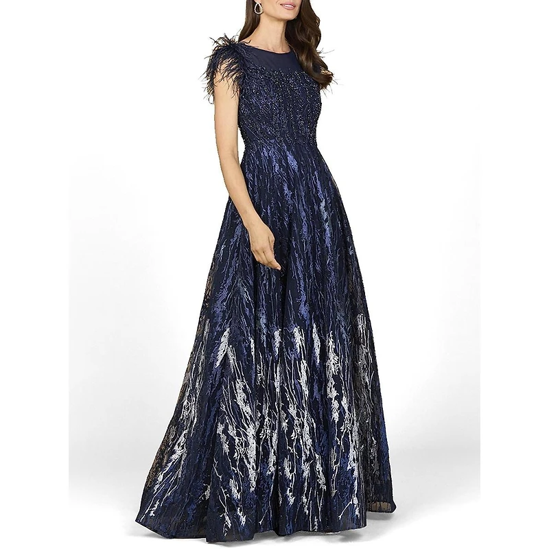 Lara Women's Lace ballgown with Feather Cap Sleeves